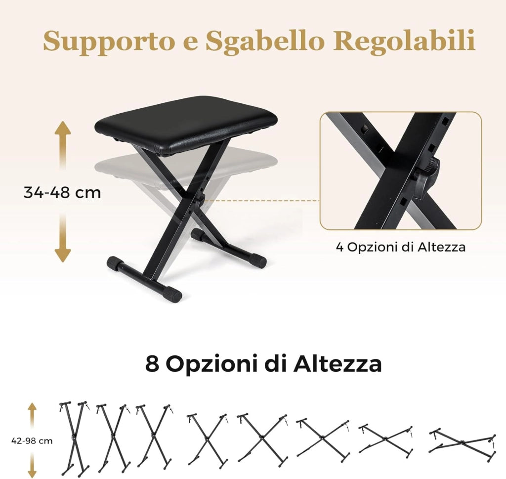 Tastiera Pianoforte Elettrico a 88 Tasti, Piano Digitale con Supporto e Sgabello Regolabili, Tastiera Sensibile, Tasti e Pulsanti Illuminati, Funzione MIDI, Pedale di Sustain, Cuffie (Bianco)