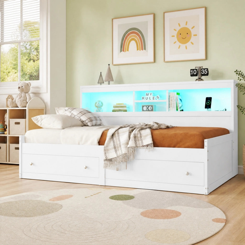 LETTO Daybed 90x200 cm con 2 cassetti, USB e LED Bianco