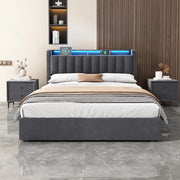 Letto imbottito 140x200 cm in velluto con contenitore, LED e porta USB