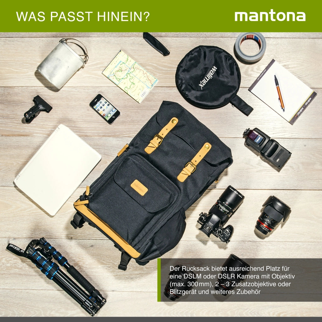 Mantona Luis Retro Zaino fotografico (con applicazioni in vera pelle, copertura antipioggia,per laptop, adatto per 1 fotocamera DSLR, 3 obiettivi e vari accessori fotografici) nero