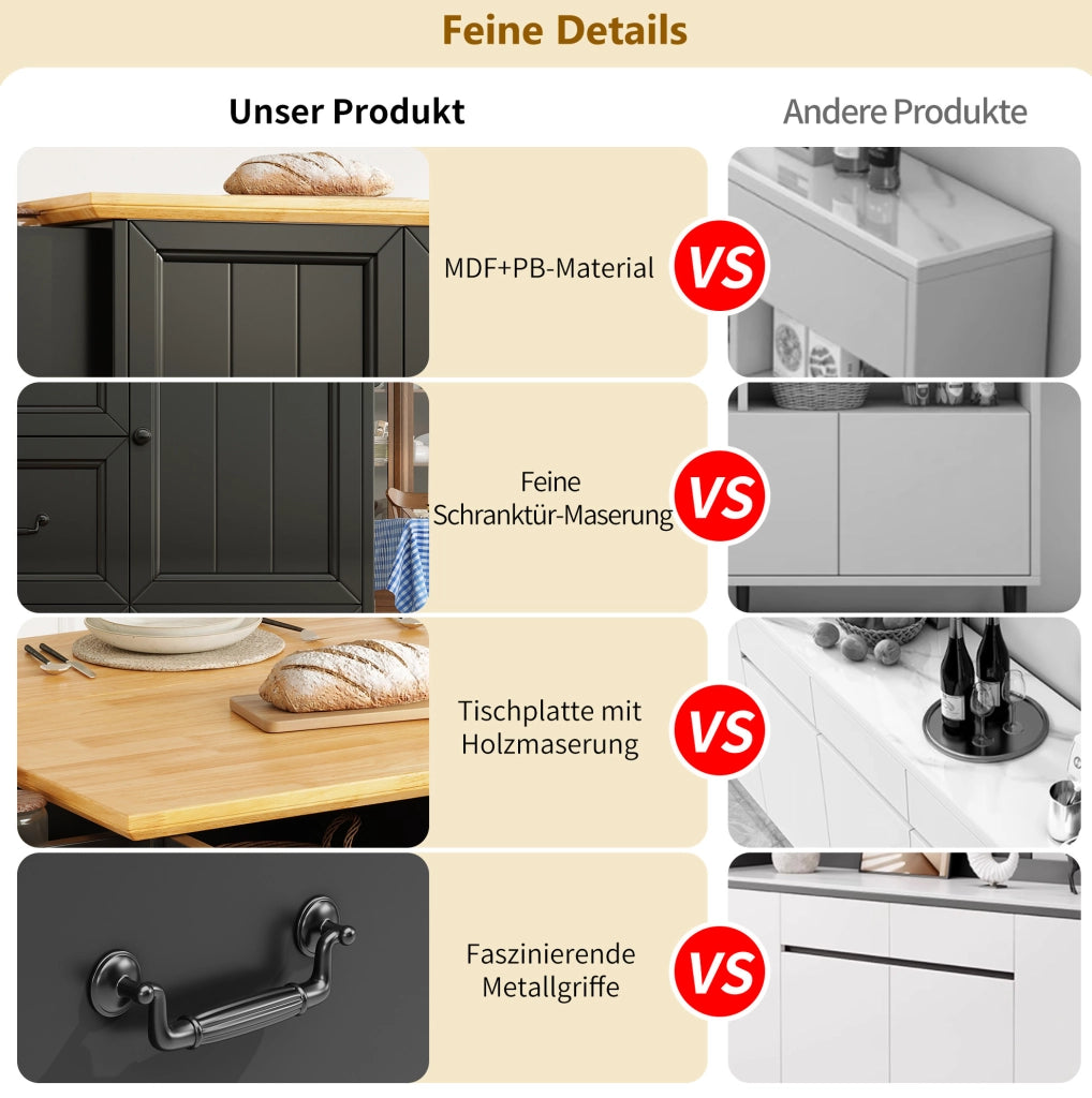 Isola da cucina mobile pieghevole con ruote; MDF e metallo; nera