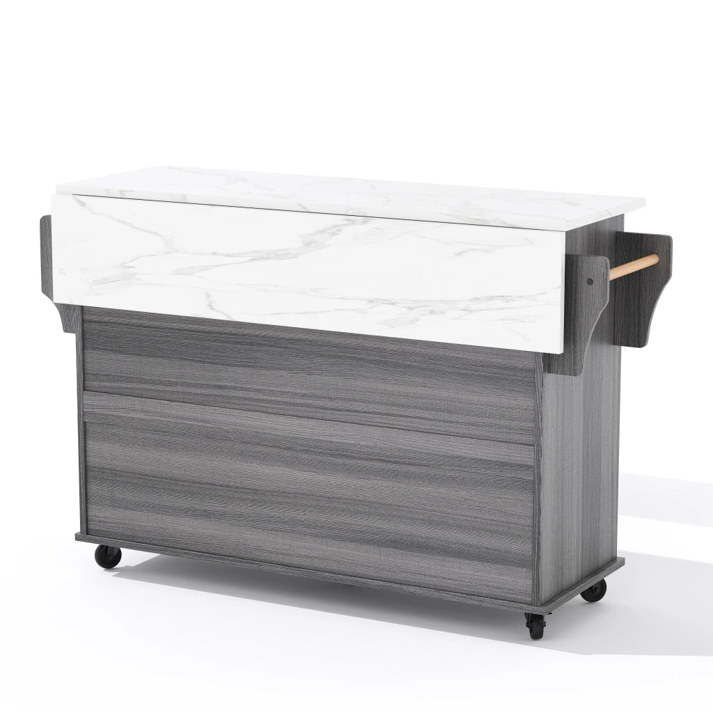 Isola da Cucina Mobile 136x45/70x92 cm Grigia e Legno con Piano Ribaltabile, Cassetti e 5 Ruote