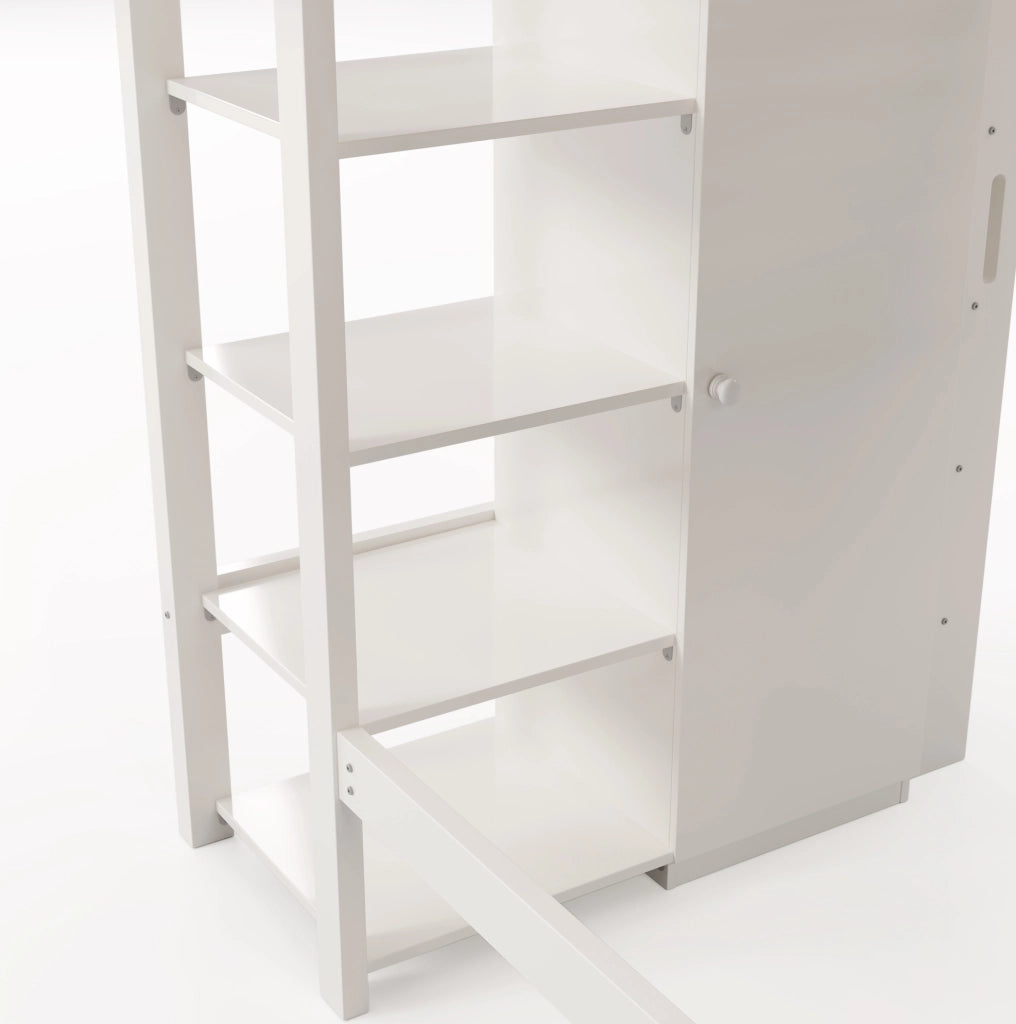Letto a soppalco 90x200 cm con armadio e 6 ripiani, bianco