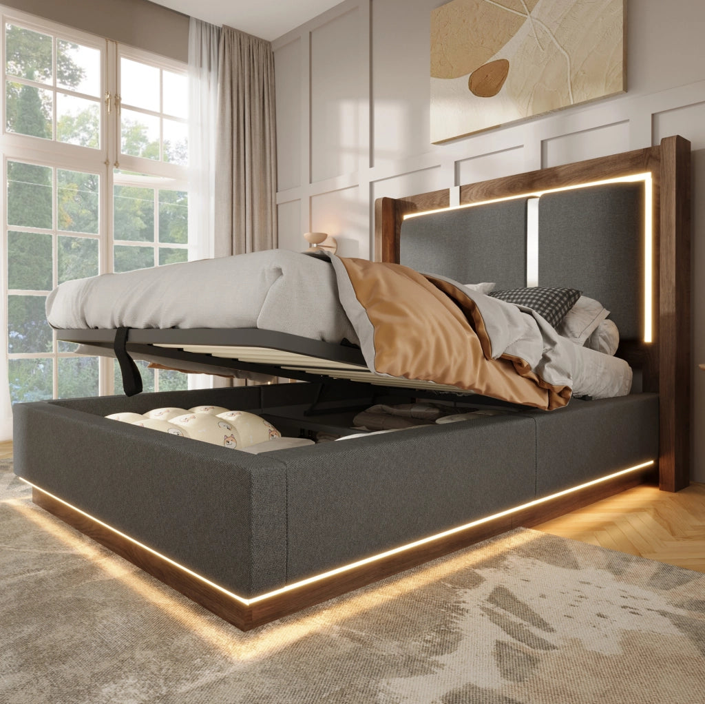 Letto singolo 90x200 cm con LED; contenitore idraulico e testiera imbottita in lino; grigio