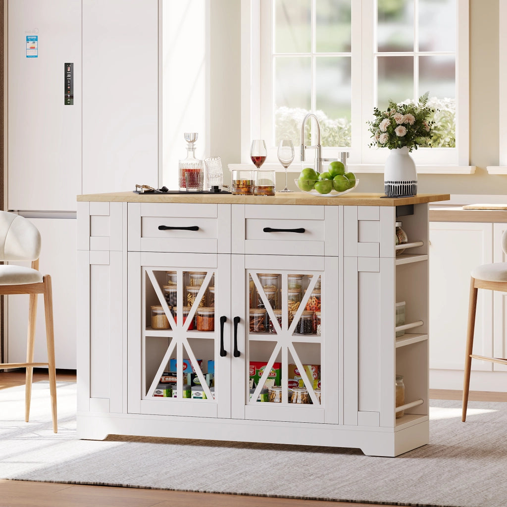 Carrello da Cucina con 2 Ante in Vetro; 1 Cassetto; 6 Ripiani Aperti; Prese e USB; Piano Pieghevole; MDF; 120 x 40 x 92 cm