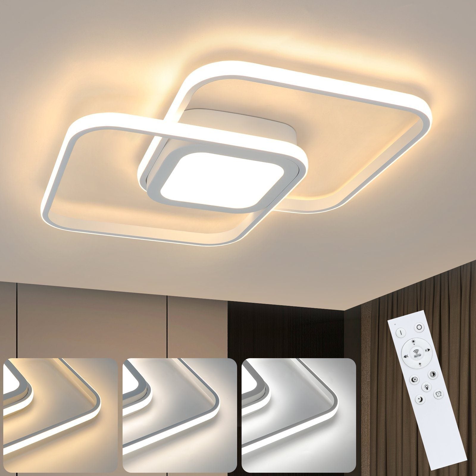 ZMH Lampada da soffitto LED Bianco 48W Quadrato  dimmerabile Classico con telecomando