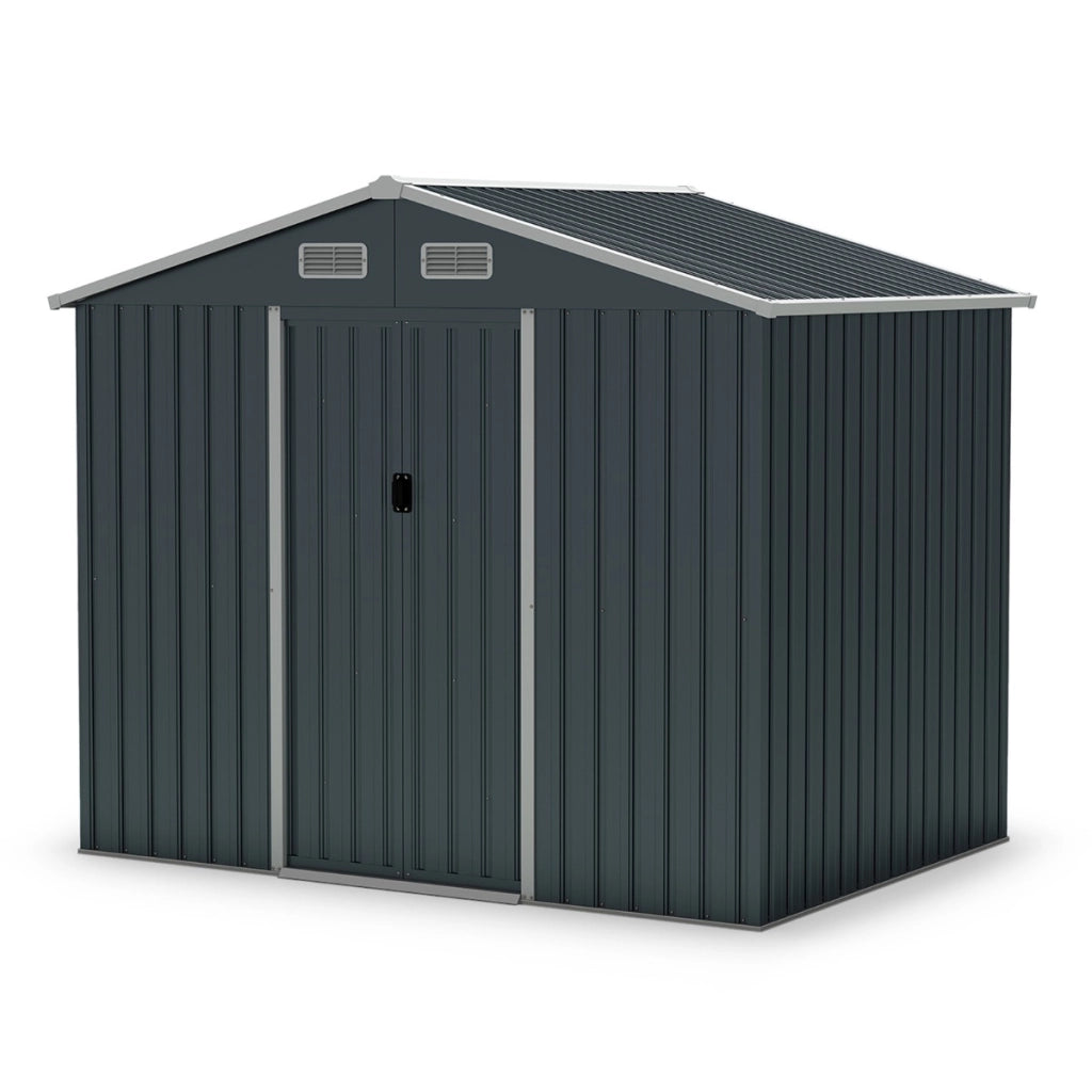 Ampio portattrezzi con tetto spiovente e porte scorrevoli base a pavimento-Capanno da giardino esterno 4 prese d'aria Grigio scuro