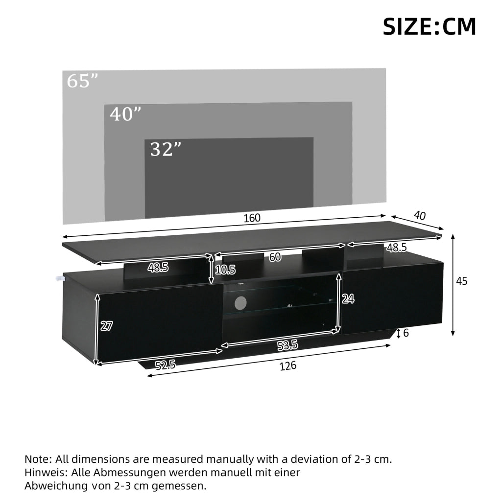 Mobile porta TV 160 x 40 x 45 cm con LED via app; 2 vani chiusi; MDF; nero