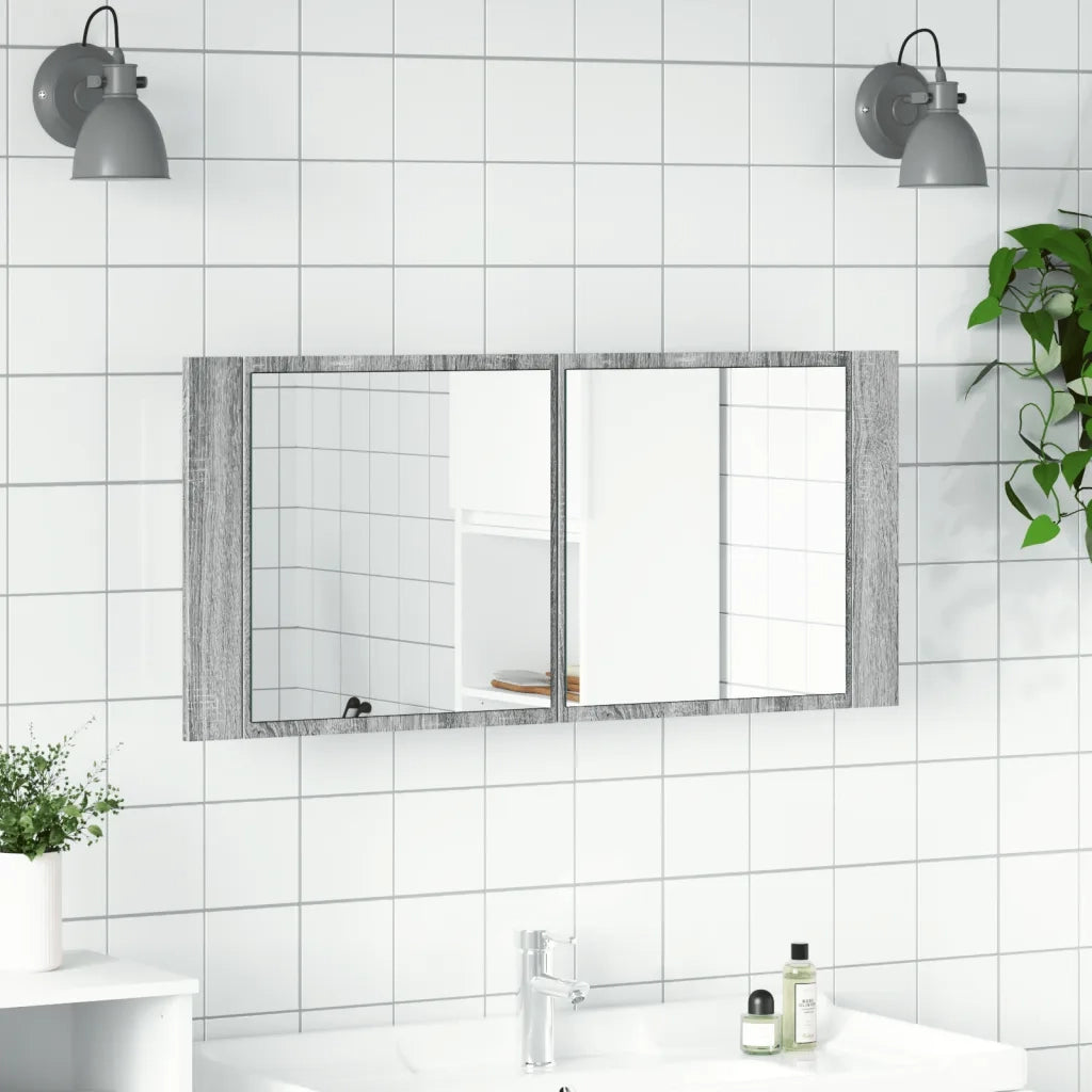 Armadietto Specchio con LED da Bagno | Armadio da bagno Grigio Sonoma 100x12x45 cm