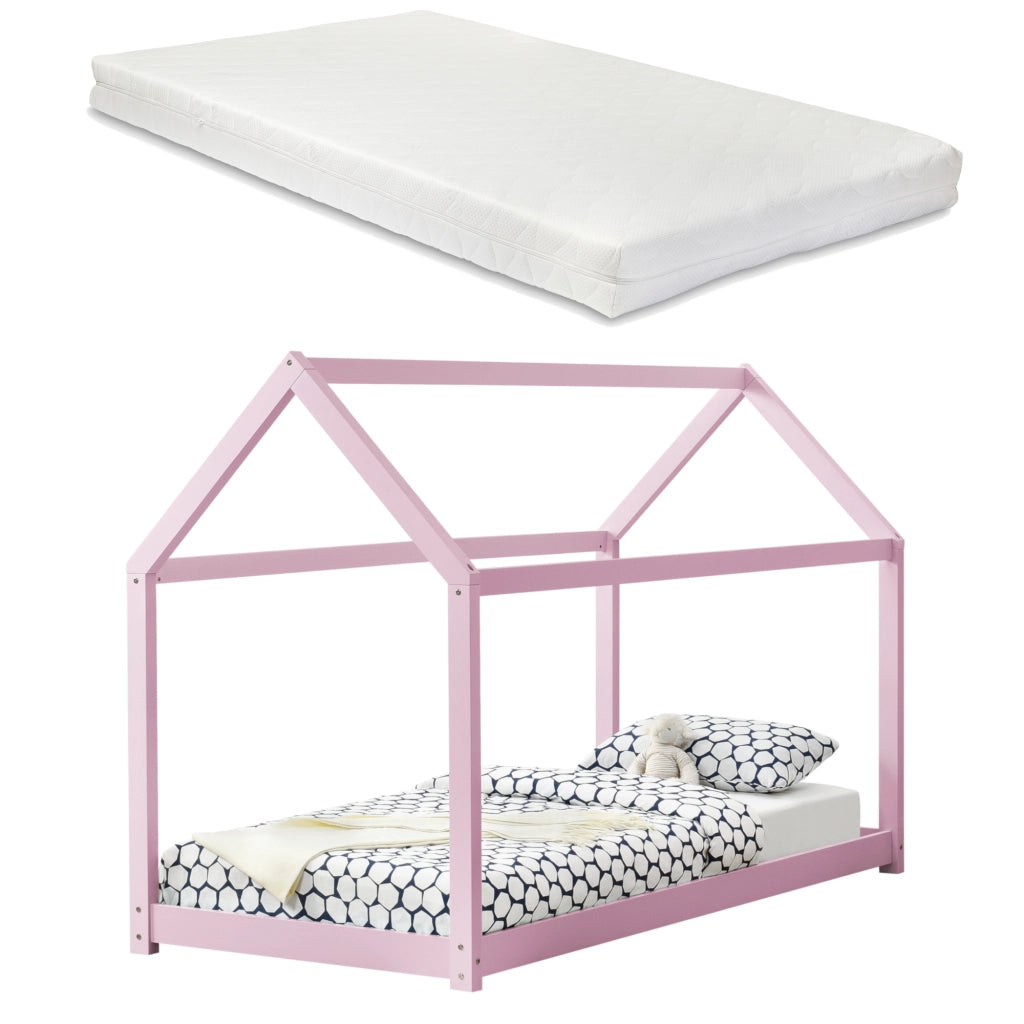 Letto a Casetta Netstal per Cameretta con Materasso 90 x 200 cm Rosa [en.casa]