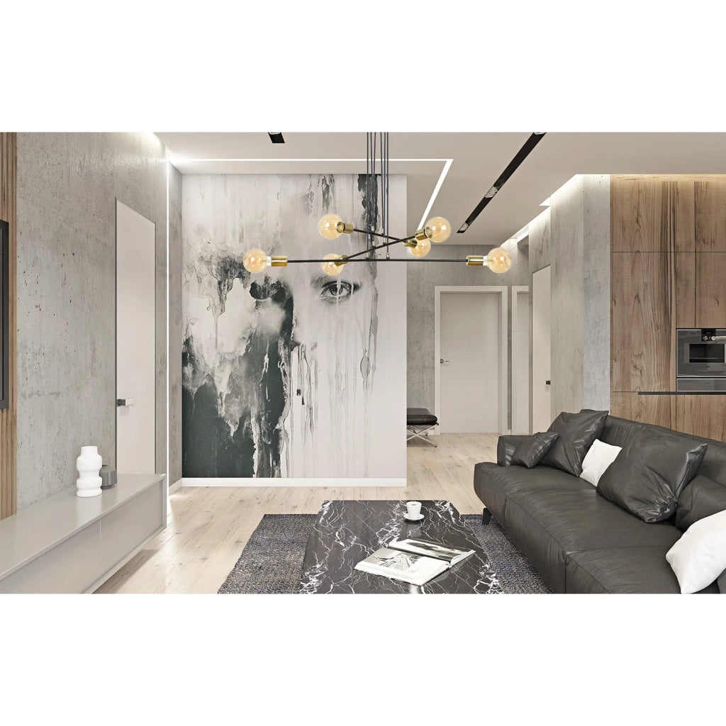 Lampadario Industrial 6 Luci Benzaiten A Bracci In Acciaio Nero E Oro