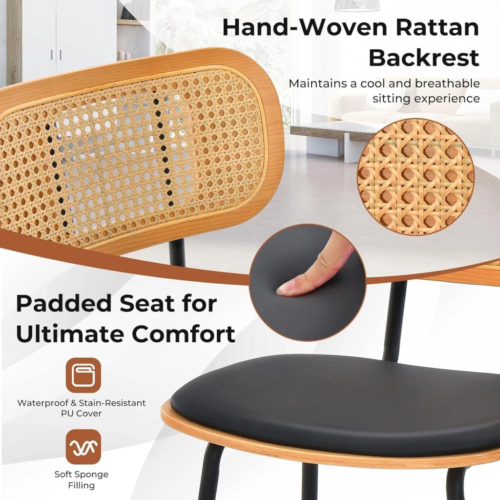 Set di 2 sgabelli da bar, sedia da bar con schienale in rattan, gambe in metallo, sedie da pranzo con seduta curva imbottita e poggiapiedi a 3 lati, per cucina, soggiorno