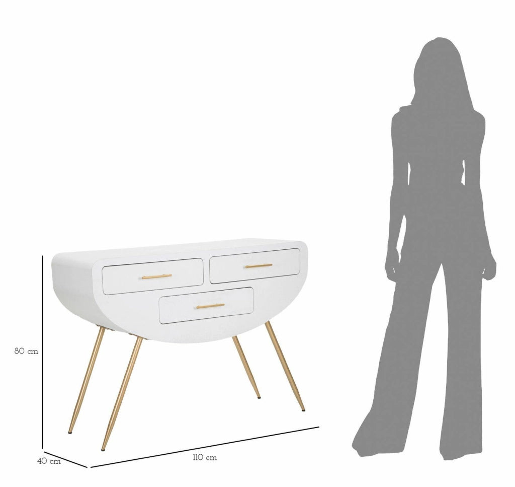 Consolle Tomato, Tavolo multiuso, Mobiletto d'appoggio, Scrivania da corridoio, 110x40 h80 cm, Bianco e Oro