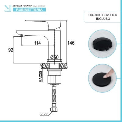 Miscelatore lavabo Flat in ottone nero opaco con piletta click clack