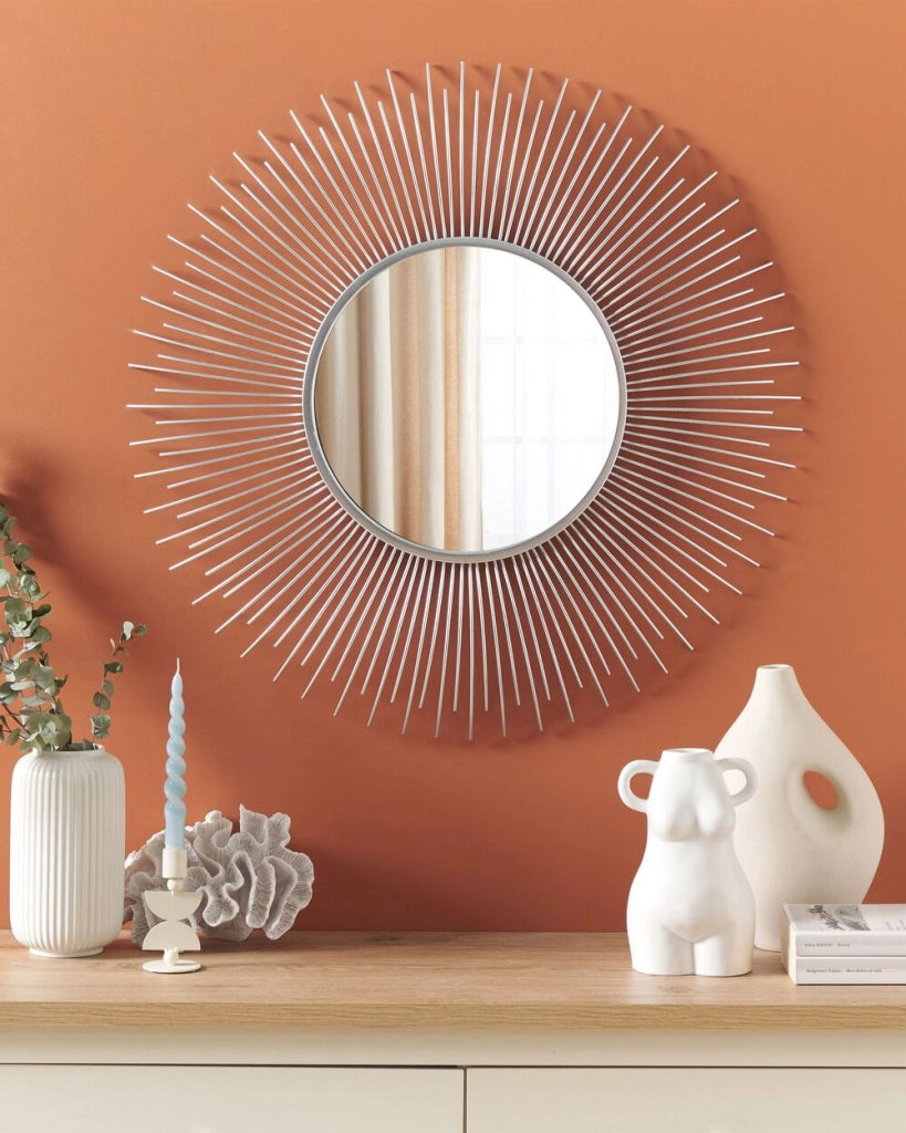 Specchio da parete a forma di sole argentato rotondo da 80 cm a forma di sole