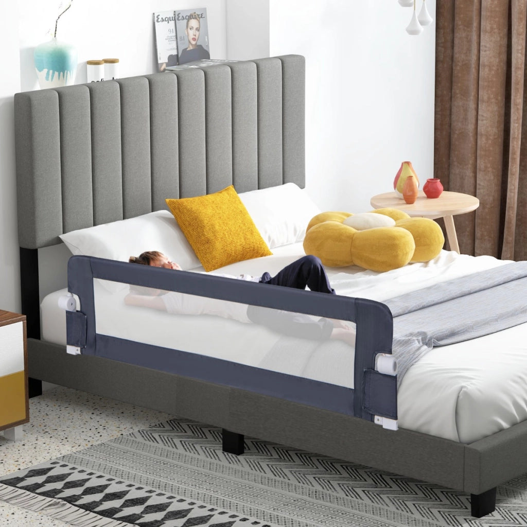 Sponda per letto per bambini con design pieghevole cinghie, Sponda di sicurezza a molle per letto Grigio scuro
