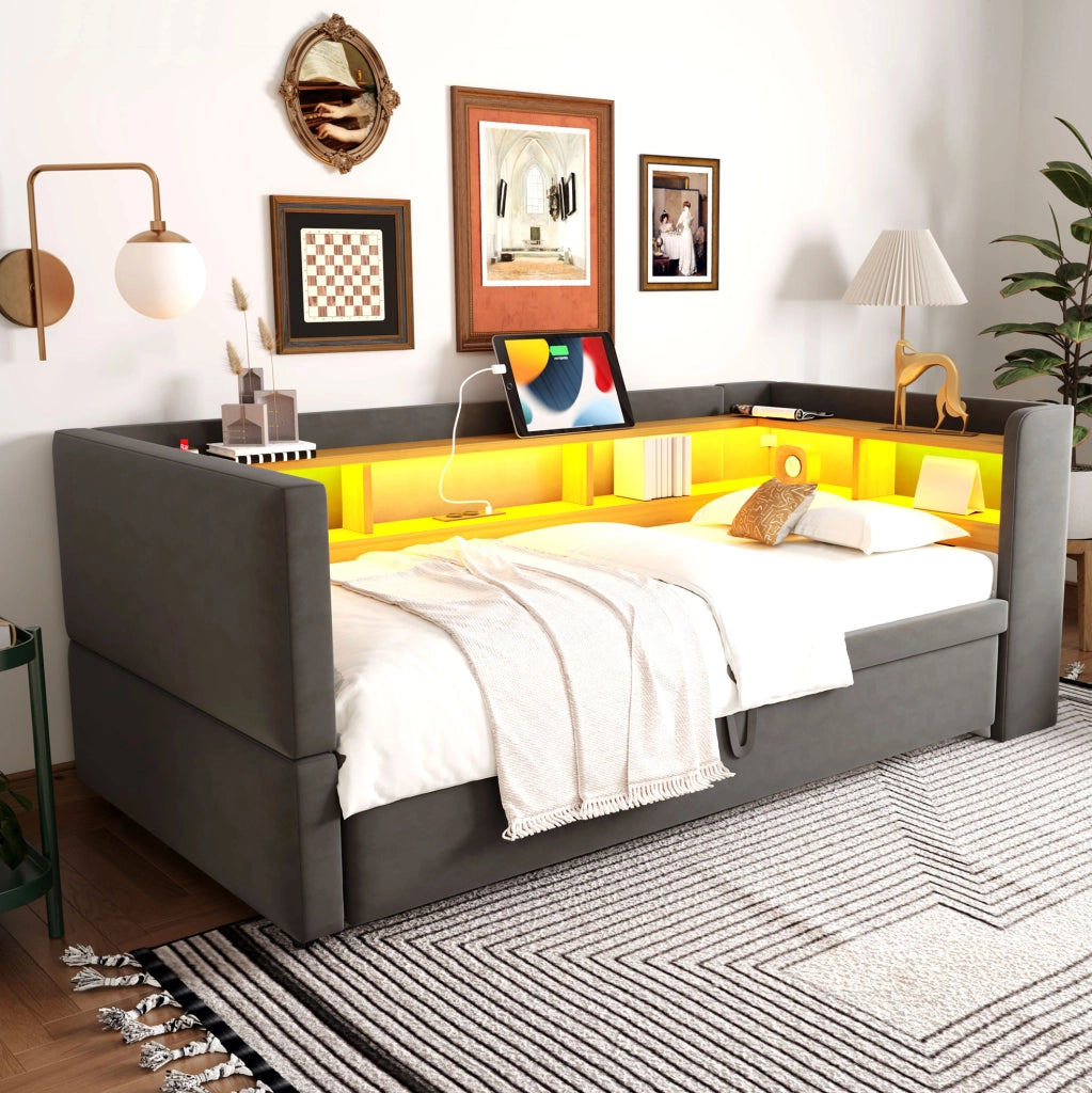 Divano letto 90x190 cm con scomparti; luci LED e prese; flanella; grigio scuro