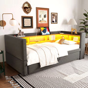 Divano letto 90x190 cm con scomparti; luci LED e prese; flanella; grigio scuro