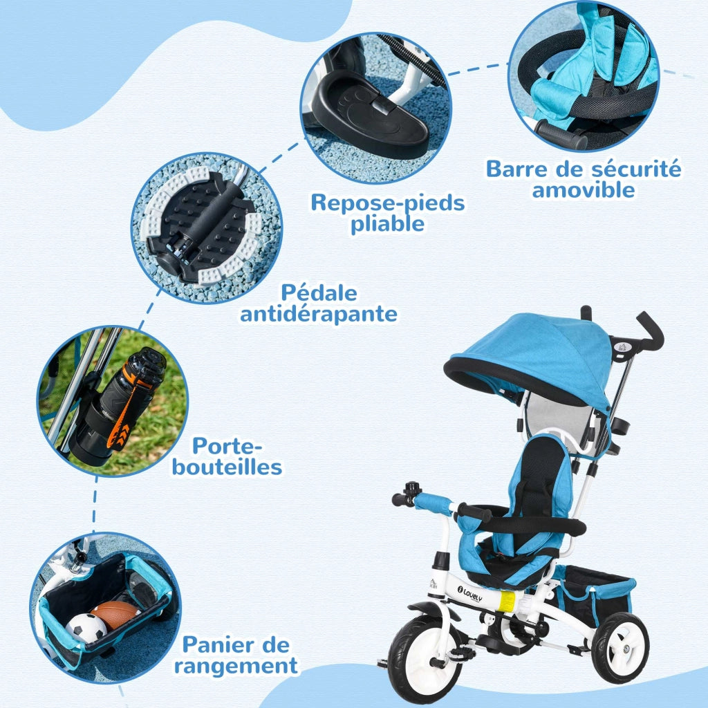 Triciclo 6 in 1 per Bambini con Capote e Cintura di Sicurezza ¨C ZephMum ¨C 1-5 Anni, Blu