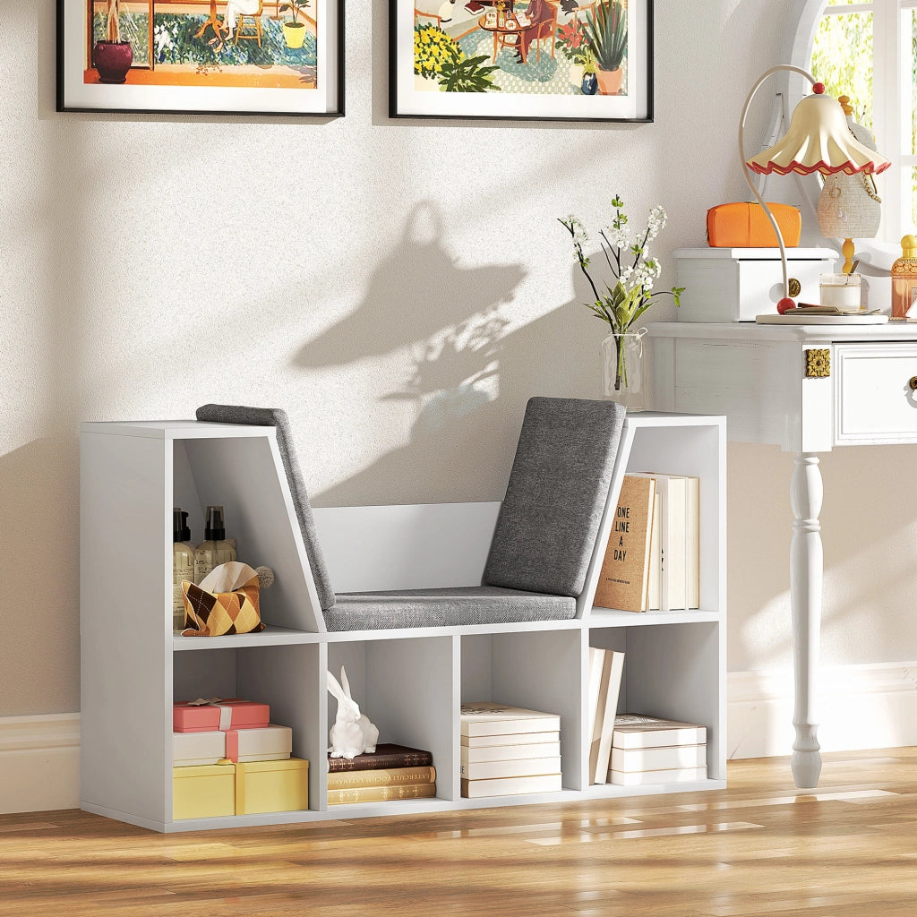 Libreria con seduta imbottita e 6 vani, bianca, 105x30x63 cm