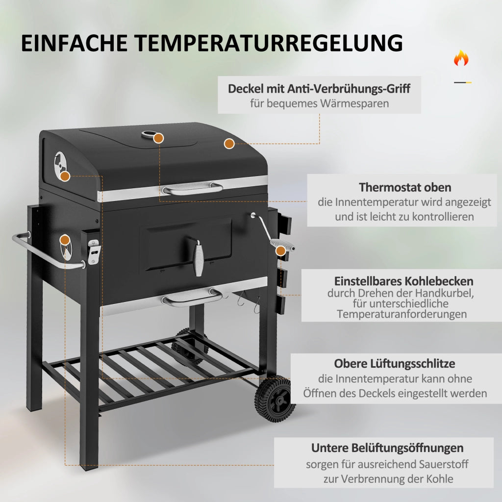 Carrello per barbecue a carbone, supporto per barbecue in acciaio inox nero, dimensioni 113x65x108 cm, per giardino e terrazzo.