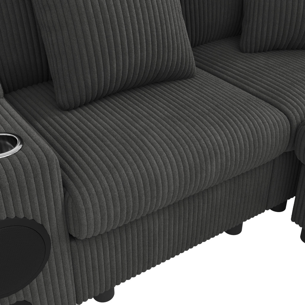 Divano modulare ad angolo a U con audio Bluetooth, consolle, USB, ricarica wireless e portabicchieri, in velluto a coste Grigio