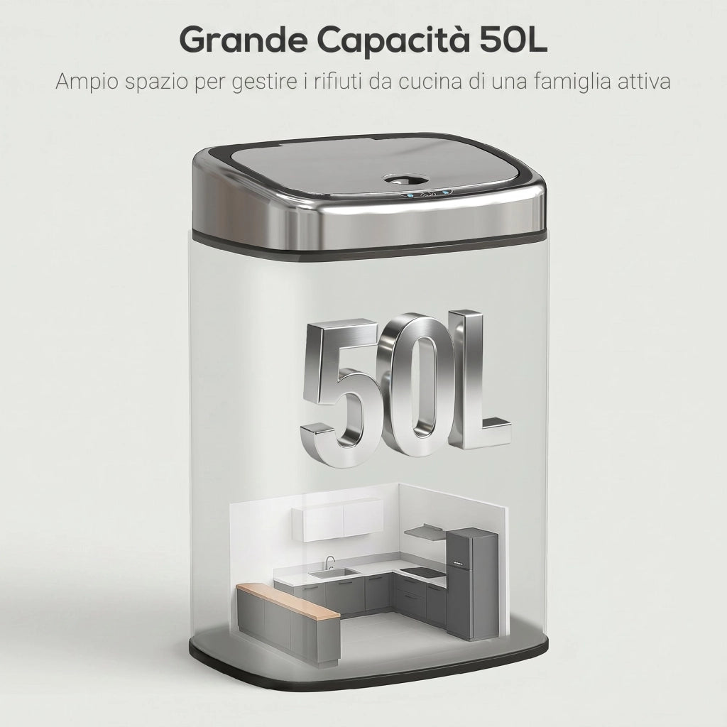 Pattumiera con Sensore a Infrarossi 40,5x29,5x58 cm Capacità da 50L con 2 Modalità di Apertura in Acciaio Inox Argento