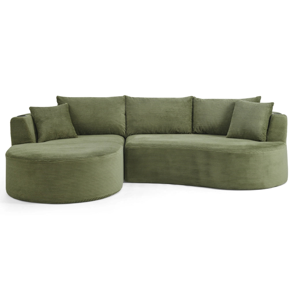 Divano 3 posti con portabicchieri; design arcuato; velluto a coste verde e cuscini