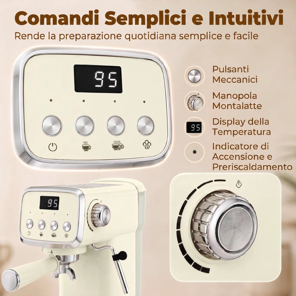 Macchina Caffè Espresso Semiautomatica 20 Bar 1350W con Lancia Montalatte e Scaldatazze per Casa Compatta e Pratica