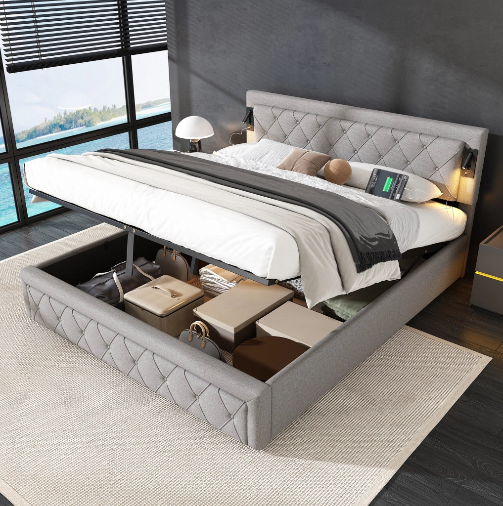 Letto matrimoniale imbottito 180x200 cm con luci da lettura e porte USB; contenitore; grigio in lino