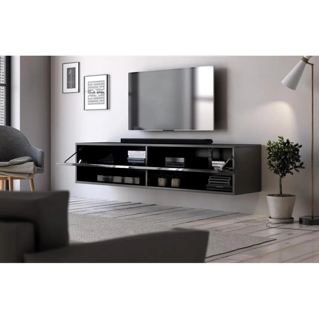 Mobile porta TV sospeso design CLUJ, 140 cm, 1 anta e 2 vani, colore nero e nero lucido.