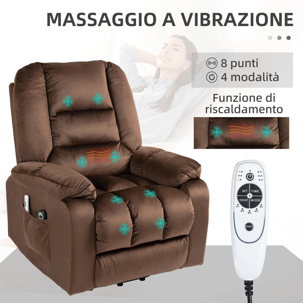 Poltrona Reclinabile Massaggiante Alzapersona in Velluto ¨C Minimal ¨C Marrone