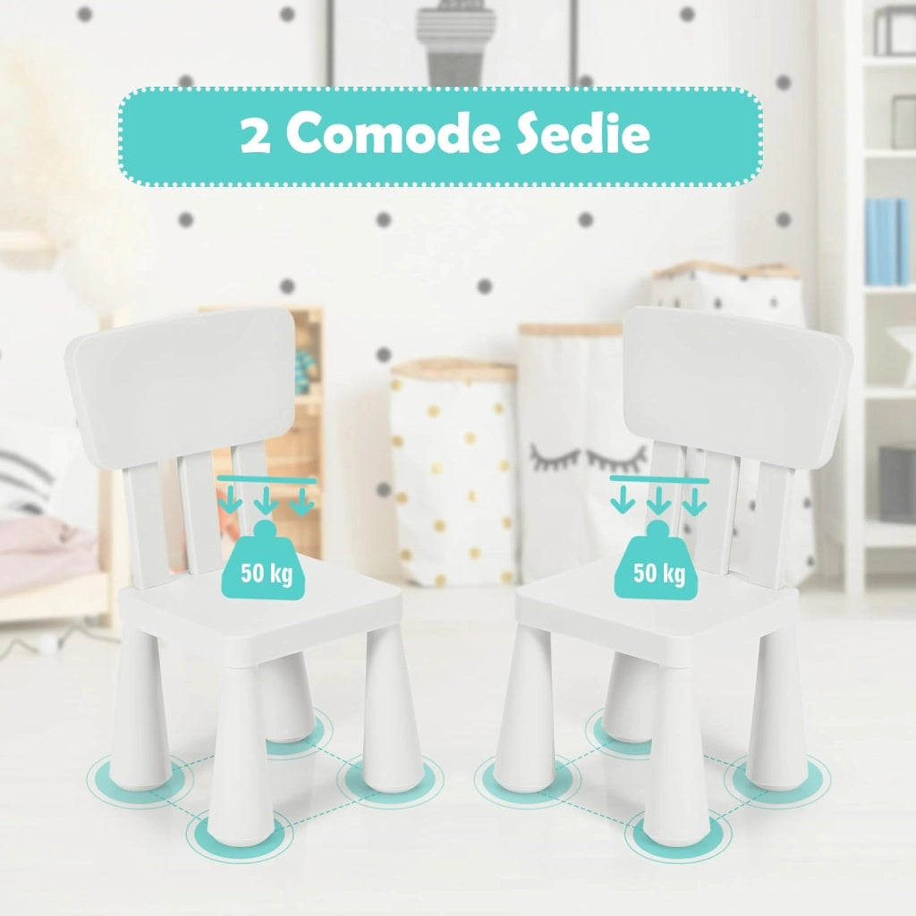 Set Tavolo e Sedie per Bambini 1-7 Anni, 2 Sedie Ergonomiche con Schienale, Materiale PP Atossico e Inodore, Angoli Arrotondati, Adatto per Giocare, Disegnare e Leggere, Portata 50kg (Bianco)