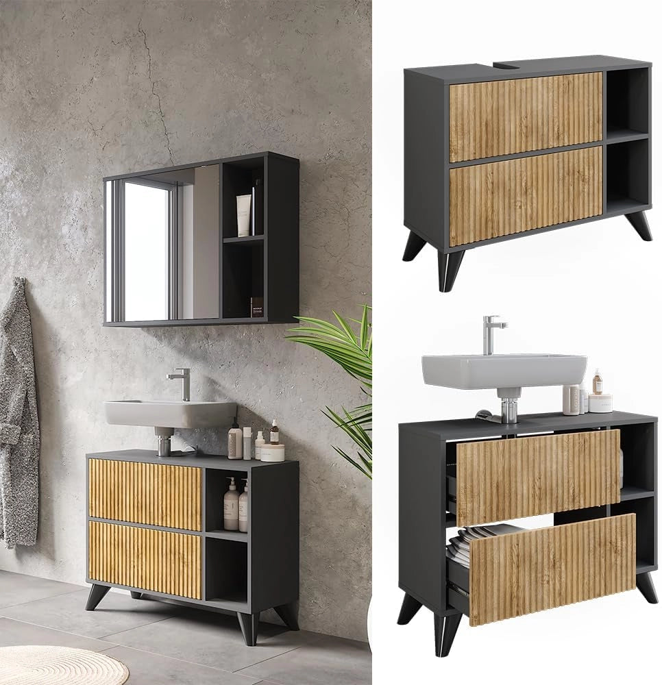 Mobiletto per lavabo Leano, Antracite/quercia di montagna, 80 x 62 cm con 2 cassetti, adatto per la conservazione di articoli da bagno e asciugamani
