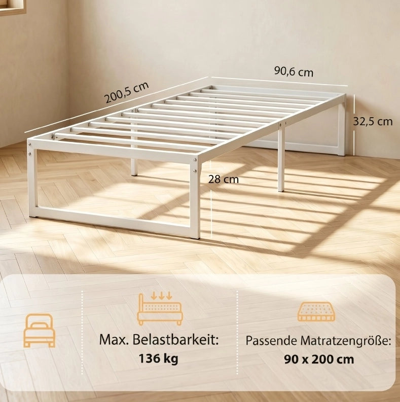 Letto singolo 200;5x90;6x32;5 cm senza testiera con spazio contenitore in metallo bianco