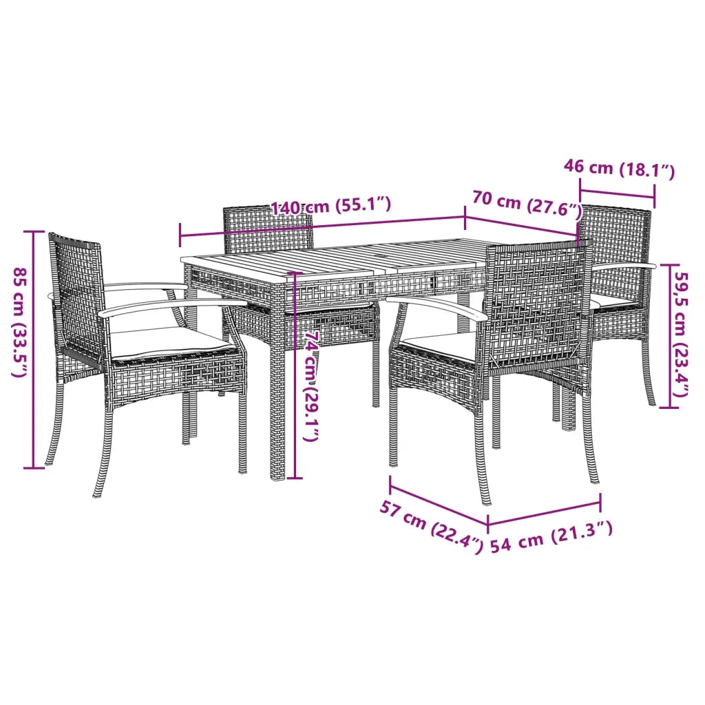 Set da Pranzo da Giardino 5 pz con Cuscini in Polyrattan Grigio