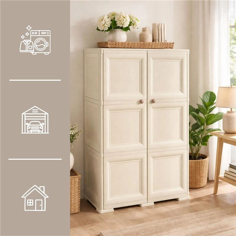 ARMADIO 3 MODULI IN PLASTICA 79X43X125 CM – MOBILE CONTENITORE MULTIUSO PER SALOTTO, PERGOLATO E BALCONE COPERTO, DESIGN CLASSICO EFFETTO LEGNO