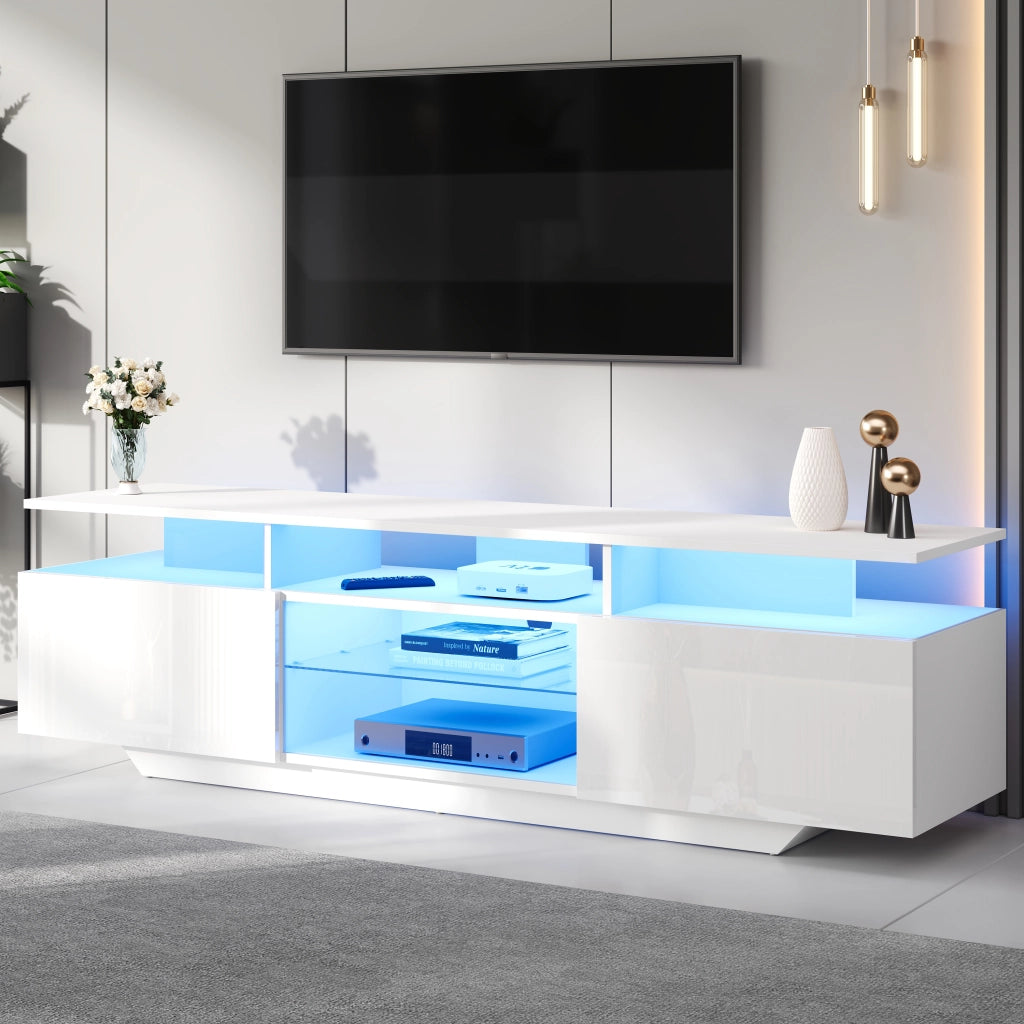 Mobile porta TV con 2 armadietti, LED controllato da app, ripiani in vetro temperato, MDF bianco 160 × 40 × 45 cm