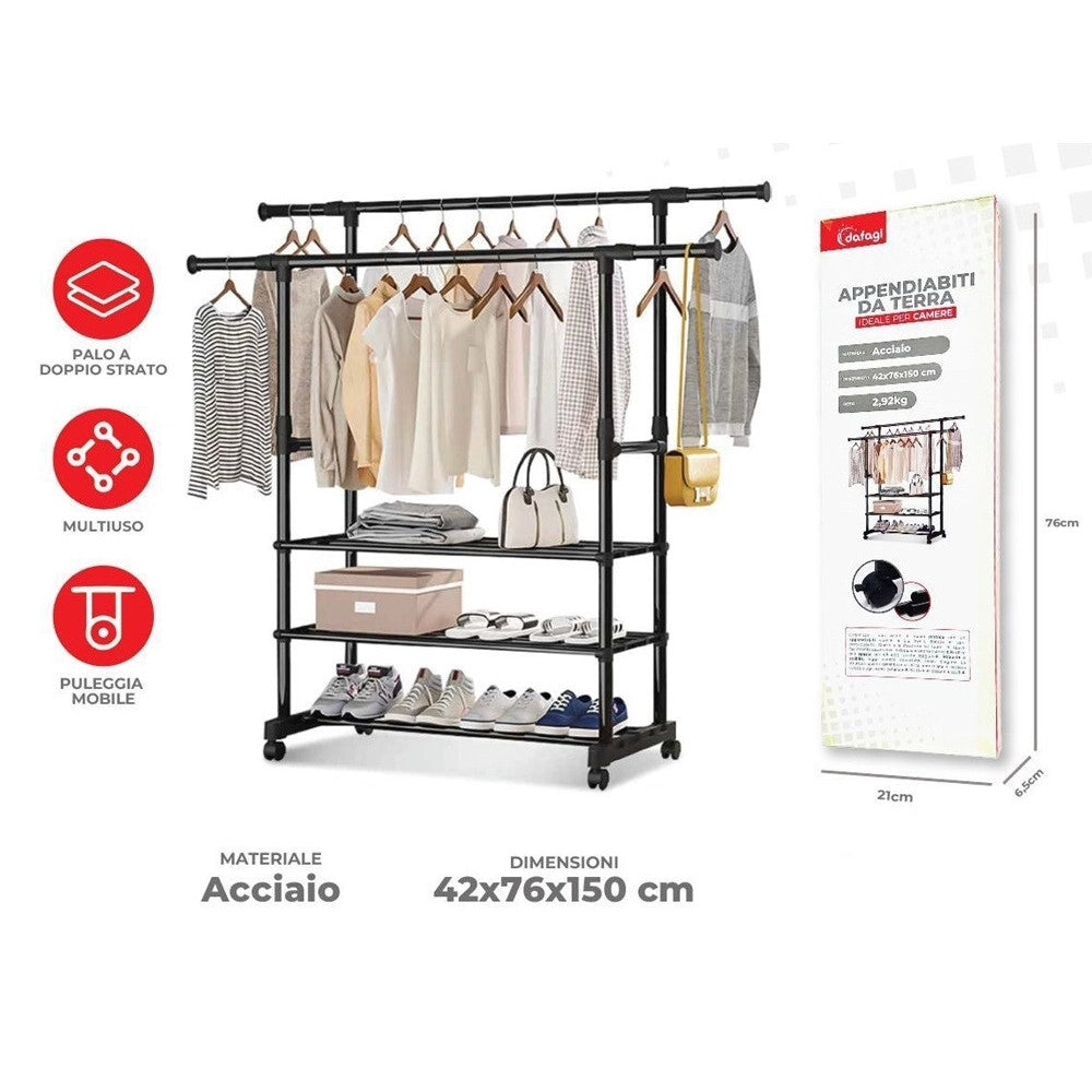Trade Shop - Appendiabiti Da Terra Stand Con Ruote 3 Scomparti Portaoggetti Doppio Bastone A Scomparsa -