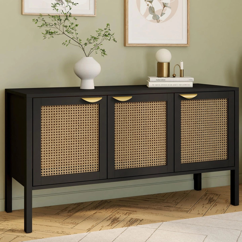 EDHEN 110 cm Credenza bassa a 3 ante in legno nero e canna da zucchero