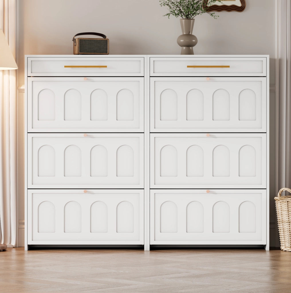 Scarpiera moderna bianca 140x25x123;5 cm in MDF con 12 ripiani aperti e 2 cassetti