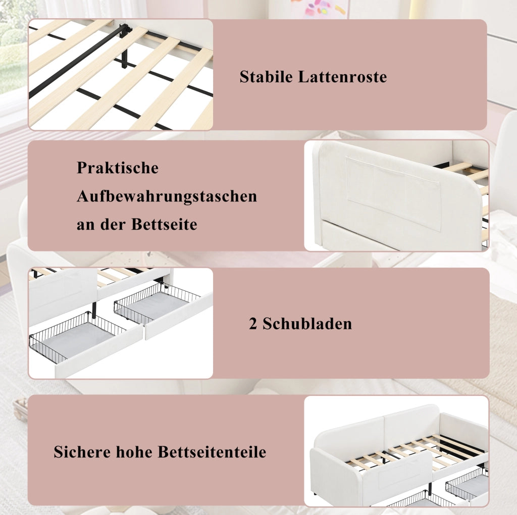 Letto singolo imbottito 90x200 cm con cassetti, bianco