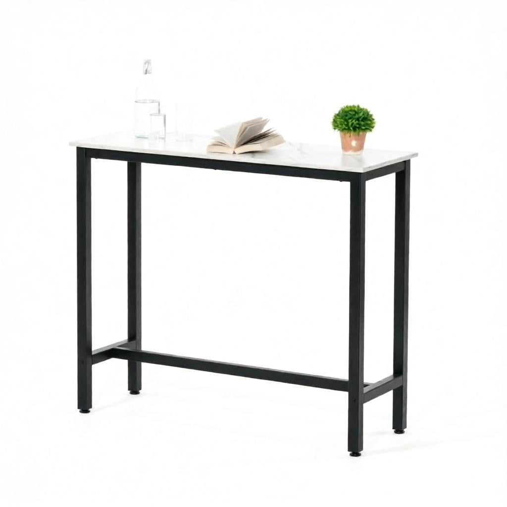 Tavolo bar con base in acciaio e piano effetto marmo, con poggiapiedi, per cucina e soggiorno, 120 × 40 × 100 cm