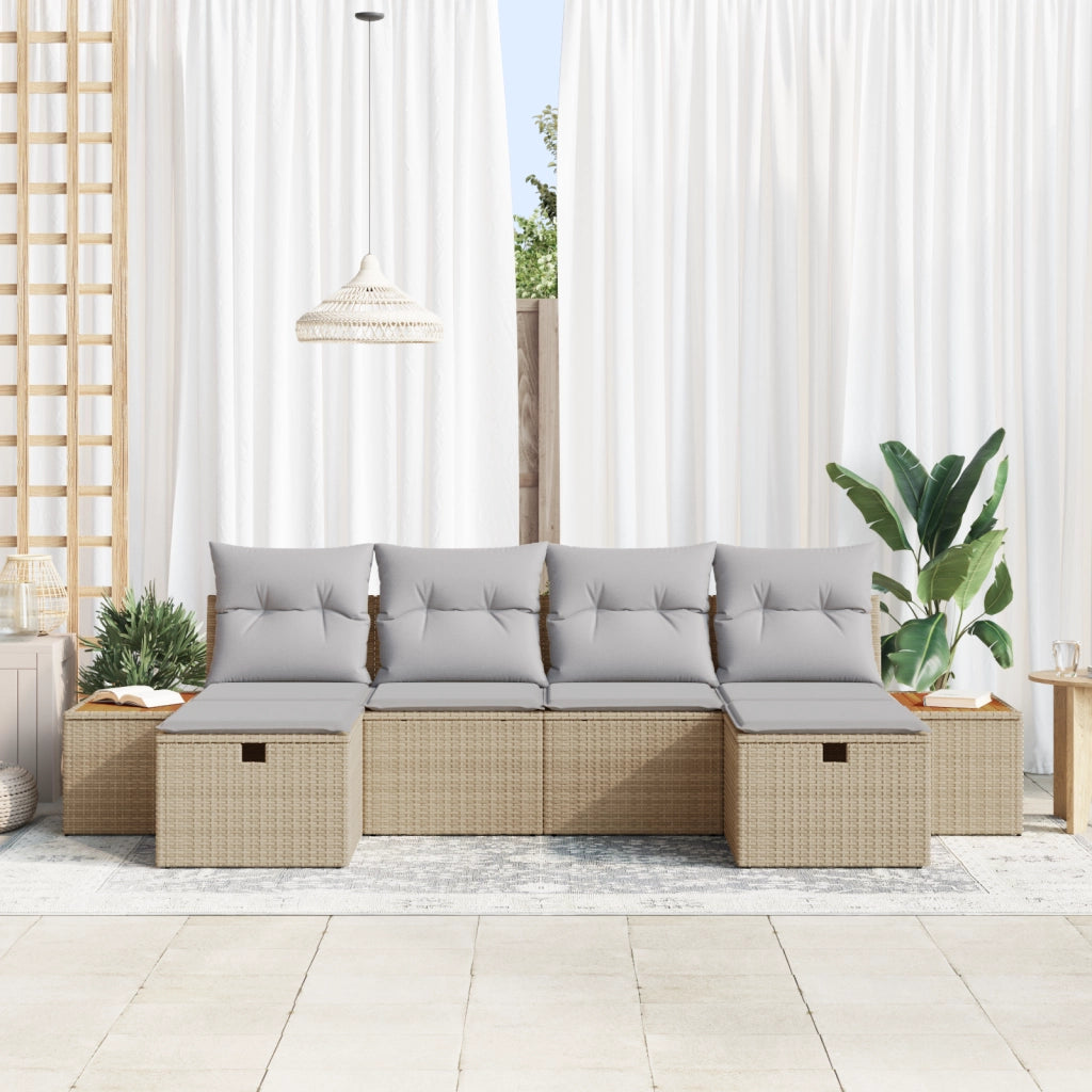 Set Divano da Giardino a 6 Pezzi con Cuscini Beige Poly Rattan