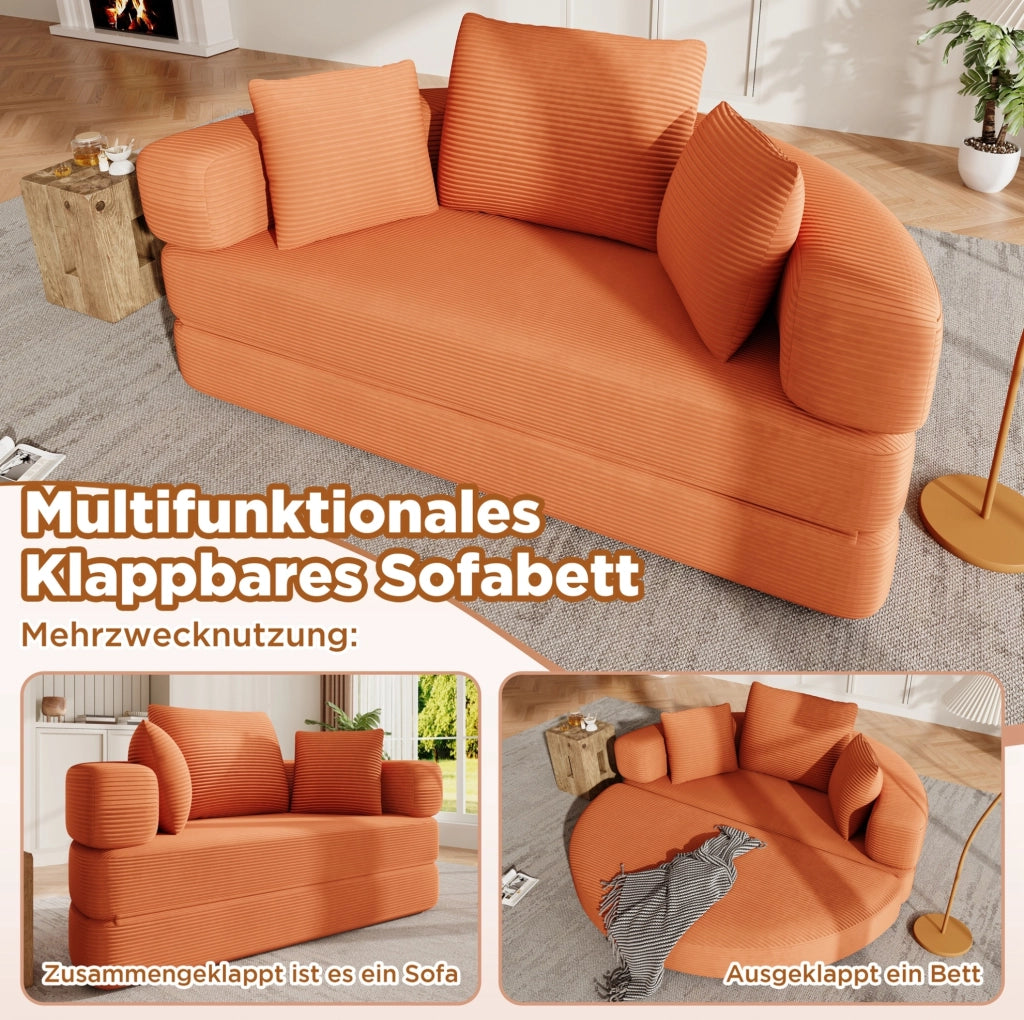 Divano letto pieghevole 2 in 1 ovale in velluto a coste; arancione; 173 x 176 cm
