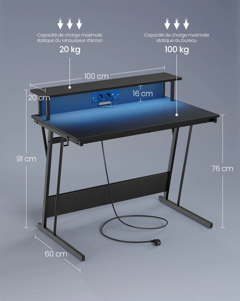 Scrivania da gaming con illuminazione a LED e multipresa scrivania per computer con supporto per monitor per 2 computer per camera da letto 60 x 100 x 76 cm nero carbone 12_0004630
