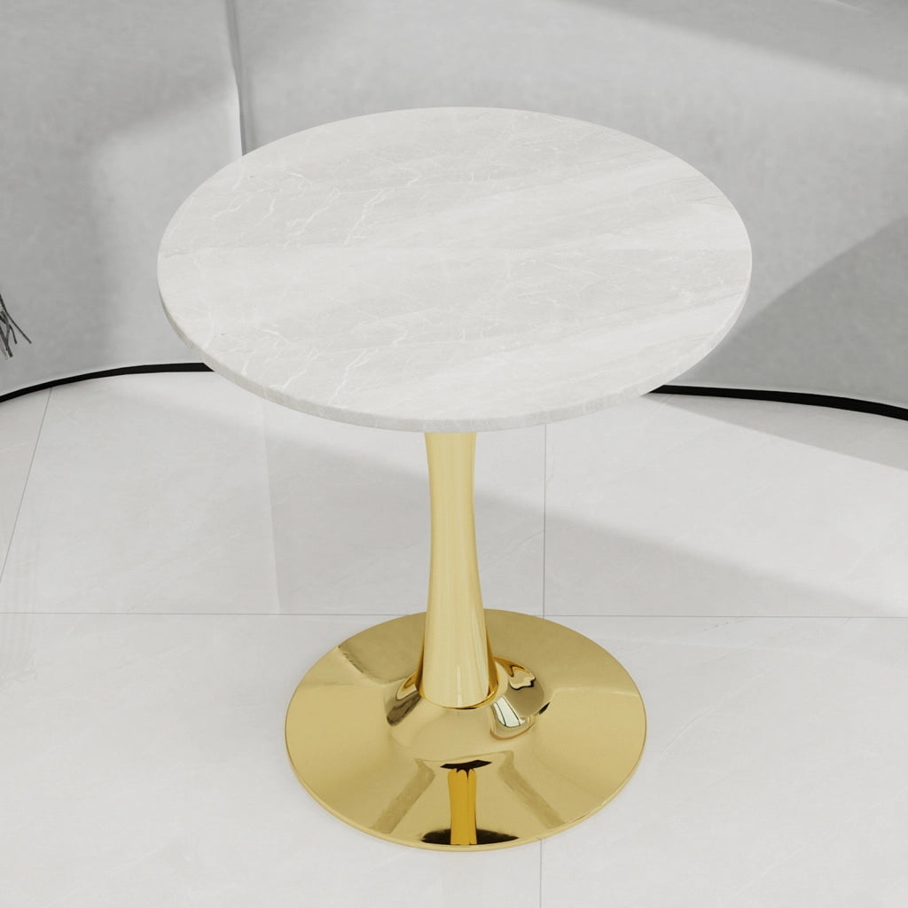 Tavolo da pranzo - rotondo 70 cm - stile mid-century - marmo venato bianco - per 2-4 persone - dorato