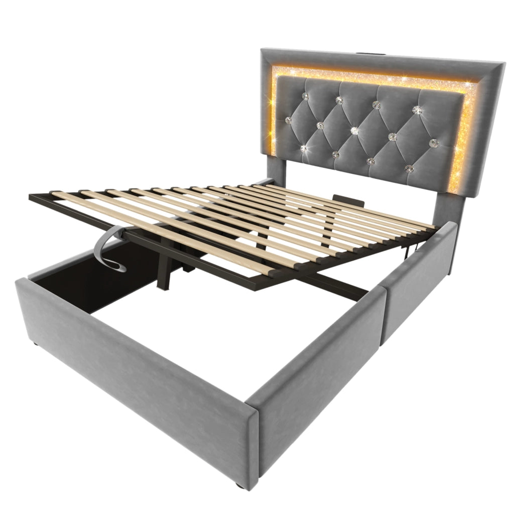 Letto singolo imbottito 90x200 cm con contenitore; LED; USB C e USB; velluto grigio