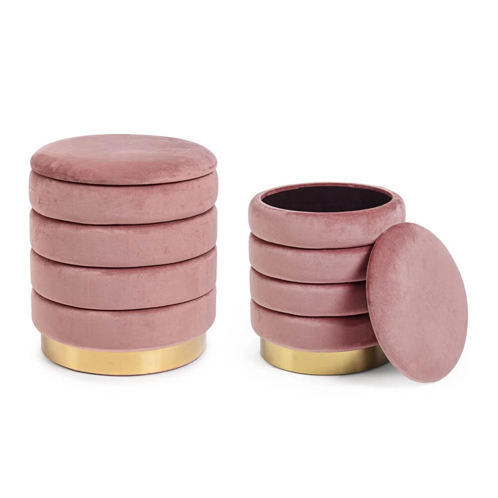 Set di 2 Pouf Contenitore Rotondi in Velluto con Base Dorata - TINI