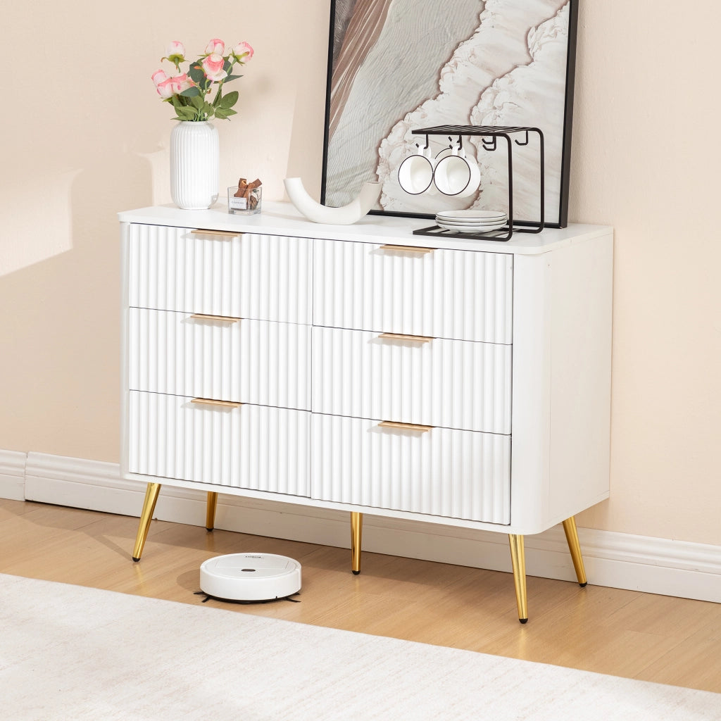 Cassettiera con 6 cassetti e guide ammortizzate, maniglie in metallo, per camera da letto, bianco, 105 × 40 × 80 cm